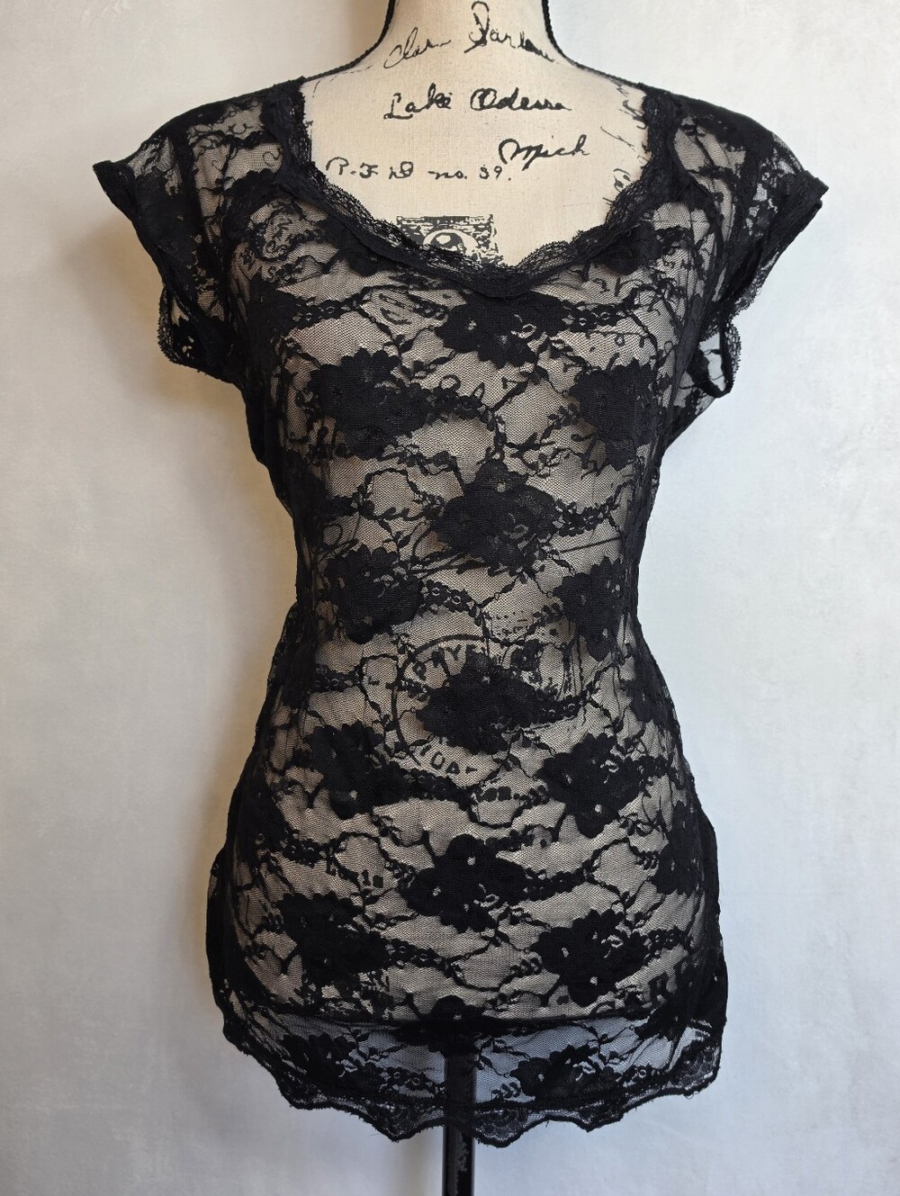 Vanity Essentials Black Floral Lace Short Sleeve Top | Goth Y2K Coquette L